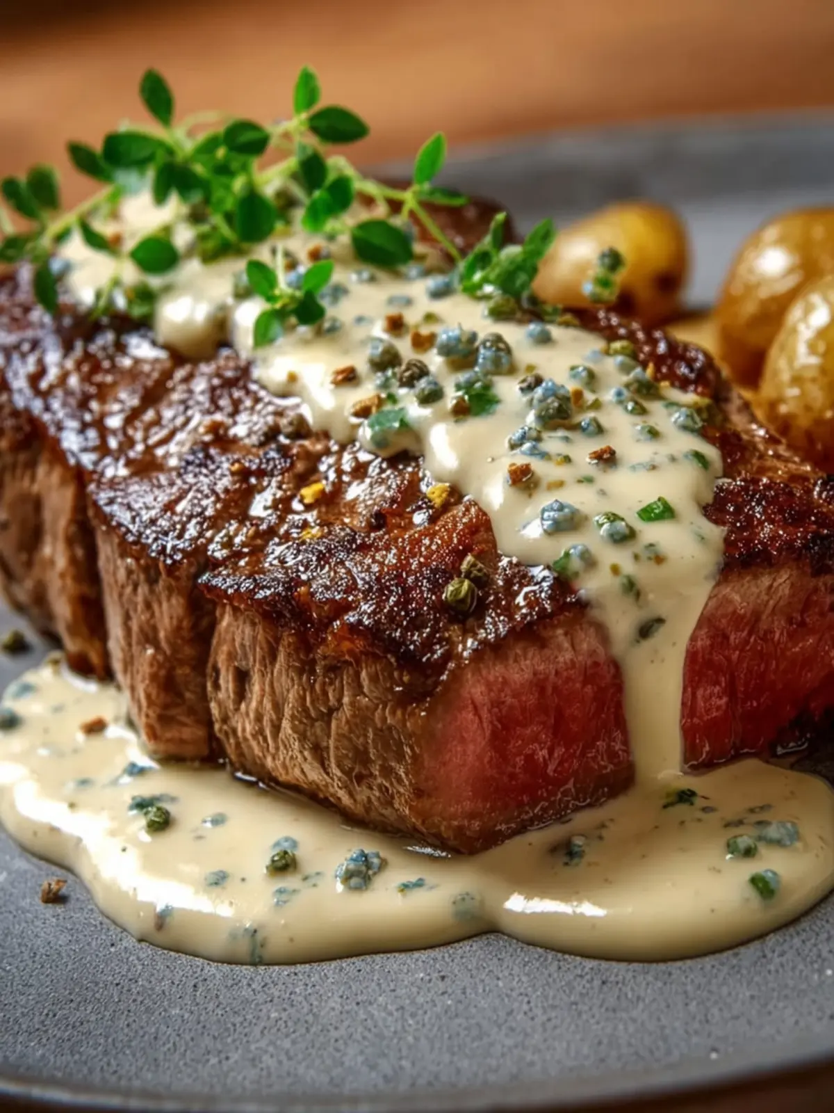 Juicy Steak with Creamy Garlic SauceJuicy Steak with Creamy Garlic SauceJuicy Steak with Creamy Garlic Sauce First Image