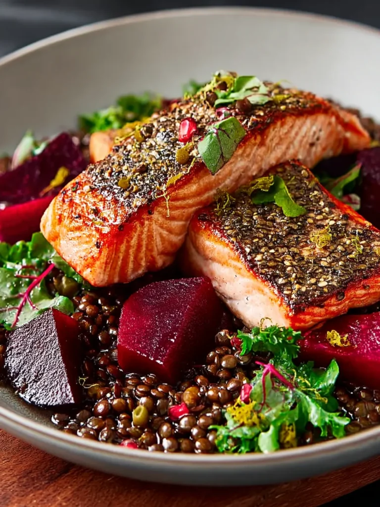Savory Mustardy Salmon with Beetroot and Lentils Recipe First Image