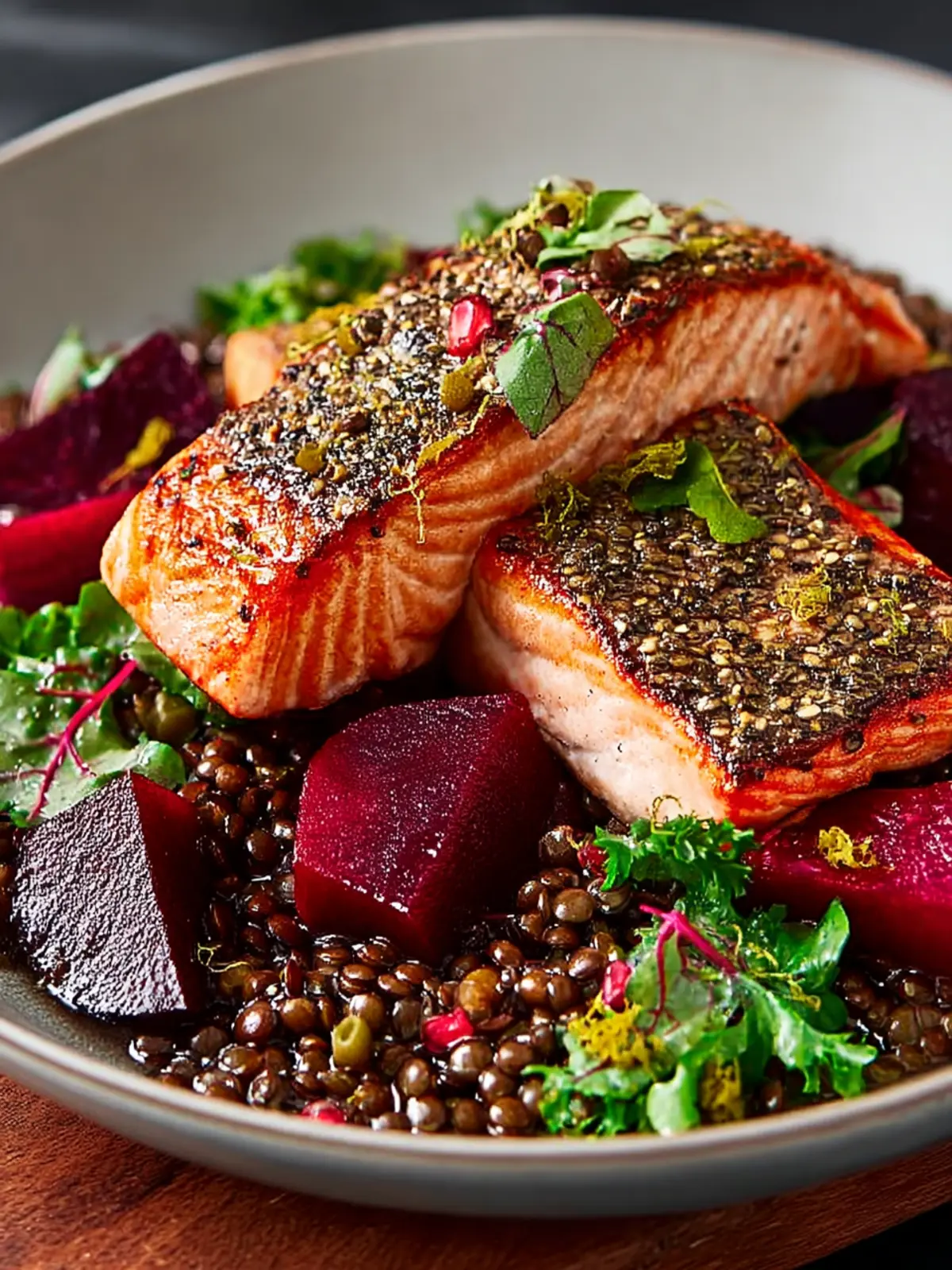 Savory Mustardy Salmon with Beetroot and Lentils Recipe First Image